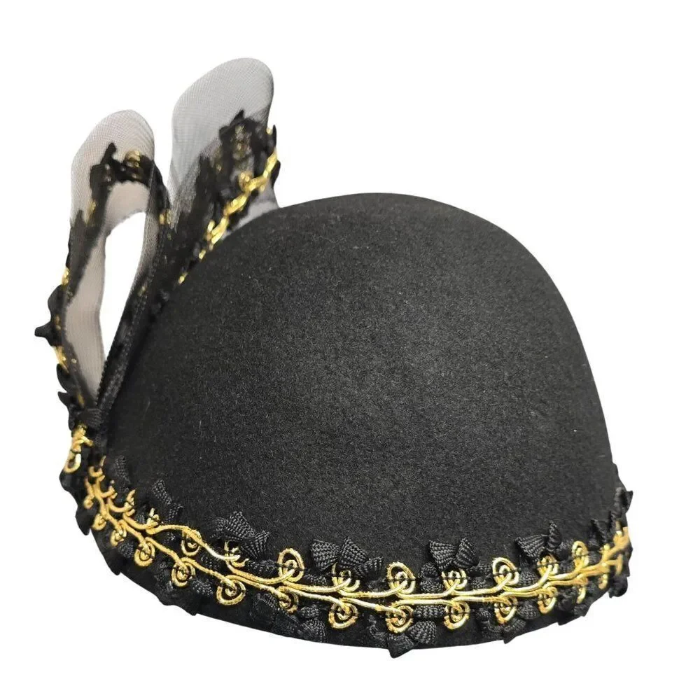 Vintage Black Fascinator Hat With Gold Embroidery & Mesh Bow Elegant Formal Desi